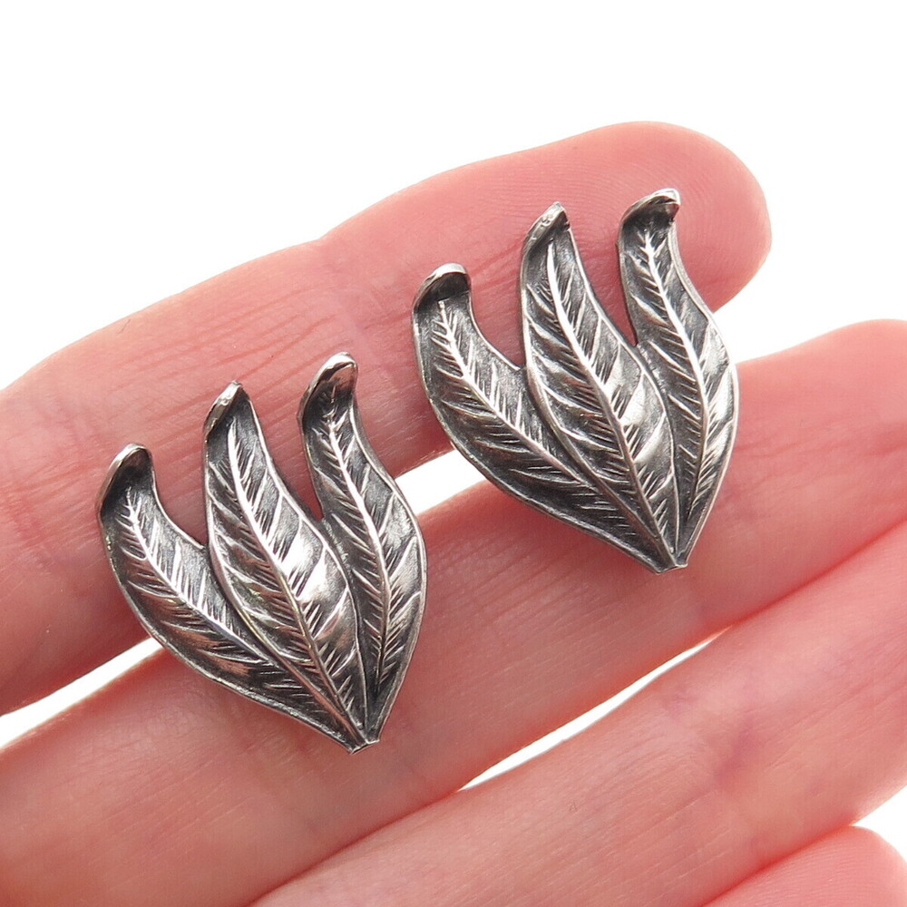 925 Sterling Silver Antique Art Deco Floral Oxidized Screw Back Earrings